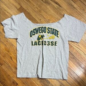Oswego State Lacrosse Gray tee with neck cut out to be off the shoulder
